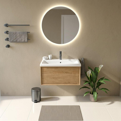Saniclass Holz Frame Ensemble meuble de salle de bains - 80x45x43.5cm - Bari lavabo en céramique blanc - 1 vasque - 1 trou de robinetterie - 1 tiroir - chêne natural mat (bois)