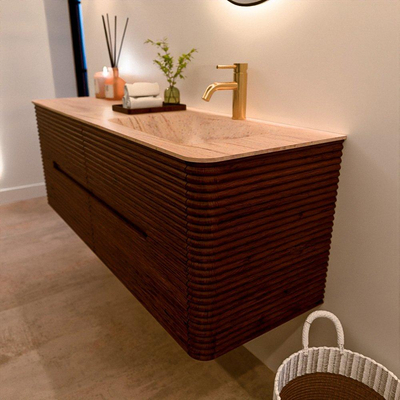 Mondiaz CIRO-DLUX Ensemble meuble de salle de bains - 140x45x50cm - Plan vasque Solid surface Saba - 1 lavabo à droite - 1 trou de robinet - 4 tiroirs - Ruby