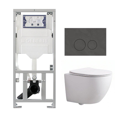 Pack WC QeramiQ Dely Swirl Compact - réservoir encastrable Geberit UP320 - avec bâti-support Burda - abattant slim - plaque de commande en pierre naturelle marbre foncé - boutons ronds - blanc brillant