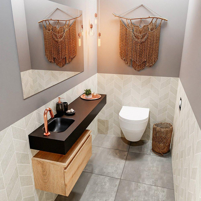MONDIAZ ANDOR Toiletmeubel 120x30x30cm met 1 kraangaten 1 lades washed oak mat Wastafel Lex links Solid Surface Zwart