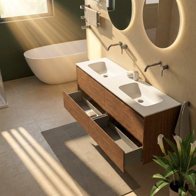 Saniclass Holz Pure Ensemble de meubles de salle de bains - 160x45x61.5cm - Flow lavabo en solid surface blanc - 2 vasques - sans trous de robinetterie - 4 tiroirs - walnut pure mat (bois)