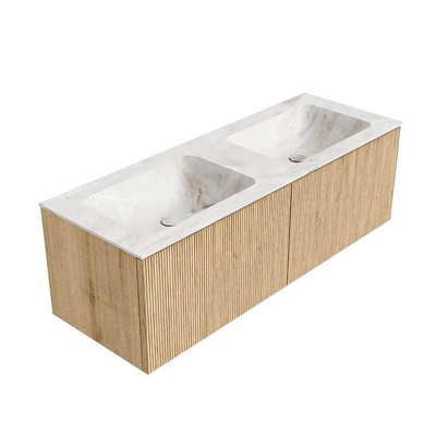 MONDIAZ KURVE-DLUX 130cm Meuble salle de bain - couleur Oak - 2 tiroirs - vasque LEAF double - sans trou de robinet - couleur Frappe