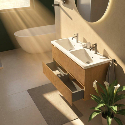Saniclass Holz Atelier Ensemble de meubles de salle de bains - 120x45x63.5cm - lavabo Bari en céramique blanc - 2 vasques - 2 trous de robinetterie - 2 tiroirs - chêne natural mat (bois)