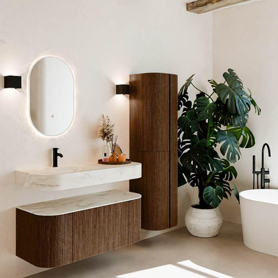 MONDIAZ THOR-DLUX 110cm badmeubel ronding links + rechts kleur Walnut met 1 lade en 2 deuren. Vrijhangende wastafel CLOUD Links 1 kraangat kleur Ostra.