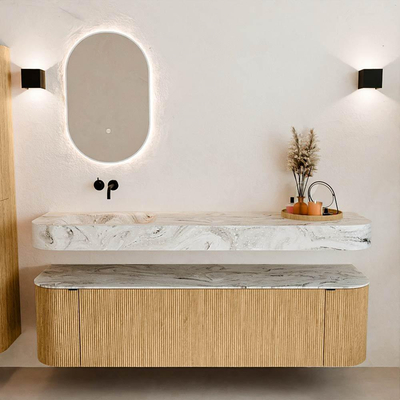 MONDIAZ THOR-DLUX 170cm badmeubel ronding links + rechts kleur Oak met 1 lade en 2 deuren. Vrijhangende wastafel CLOUD Links zonder kraangat kleur Glace.