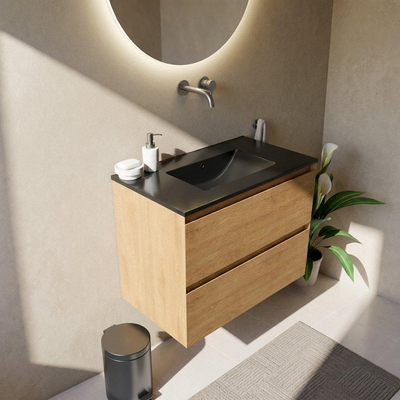 Saniclass Holz Pure Ensemble de meubles de salle de bains - 80x45x62cm - lavabo Vygo en céramique noir - 1 vasque - sans trou de robinetterie - 2 tiroirs - chêne naturel mat (bois)
