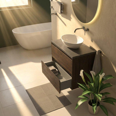 Saniclass Holz Pure Ensemble de meubles de salle de bains - 80x45x63cm - Plan vasque en basalte Noche poli (noir) - sans trou de robinetterie - 2 tiroirs - chêne charcoal mat (bois)