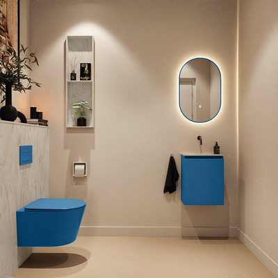 MONDIAZ TURE-DLUX Meuble toilette - 40cm - Jeans - EDEN - vasque Opalo - position centrale - sans trou de robinet