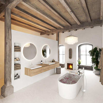 MONDIAZ BUKLA 240cm ensemble de meuble avec module 60 à droite couleur Chêne blanchi avec 4 tiroirs. Lavabo CLOUD double 2 trous de robinet couleur Talc.