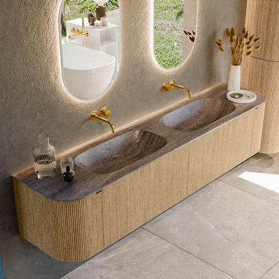 MONDIAZ KURVE-DLUX Meuble de salle de bains 200cm arrondi gauche + droite couleur Oak avec 2 tiroirs et 2 portes. Lavabo STOR SMALL Double sans trou de robinet Oza.