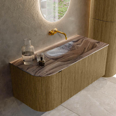 MONDIAZ KURVE-DLUX Meuble de salle de bains 105cm arrondi à gauche couleur Dusk avec 1 tiroir et 1 porte. Lavabo BIG SMALL à droite sans trou de robinet Sombra.