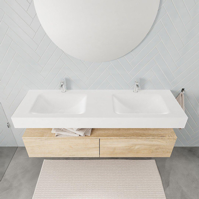 MONDIAZ ALAN 150cm - meuble sous-vasque - chêne blanchi - 2 tiroirs - lavabo suspendu - 2 bassins - 2 trous de robinet - talc