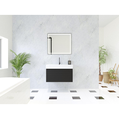HR Matrix ensemble meuble de salle de bain 3d 80cm 1 tiroir sans poignée avec bandeau couleur noir mat avec vasque kube 1 trou robinet blanc