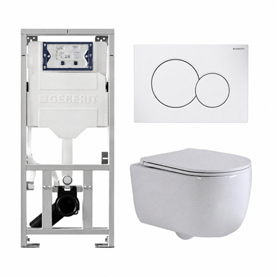 QeramiQ Dely Swirl Toiletset - 36.5x53cm - Geberit UP320 inbouwreservoir - met Burda frame - slim zitting - witte sigma bedieningsplaat - ronde knoppen - mat wit