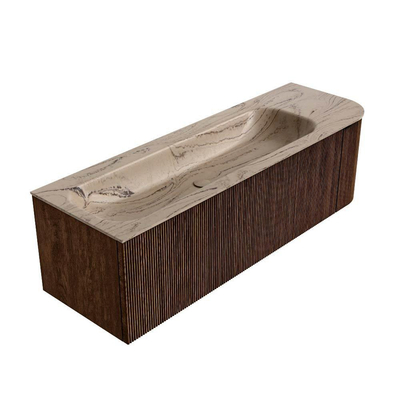 MONDIAZ KURVE-DLUX Meuble de salle de bains 145cm arrondi à droite couleur Walnut avec 1 tiroir et 1 porte. Lavabo BIG LARGE à gauche 1 trou de robinet Arena.