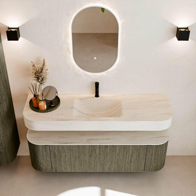 MONDIAZ THOR-DLUX 150cm meuble de salle de bains arrondi gauche + droite couleur Shadow avec 1 tiroir et 2 portes. Vasque suspendue CLOUD Milieu 1 trou de robinet couleur Meli.