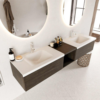 MONDIAZ BUKLA 200cm badmeubel met open module 40 kleur Dark Brown met 2 lades. Wastafel CLOUD dubbel 2 kraangaten kleur Talc.