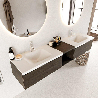 Mondiaz bukla ensemble de meubles de bain 200x45x34cm 2 robinets 2 lavabos surface solide talc sans poignée 2 tiroirs avec softclose mélamine marron foncé