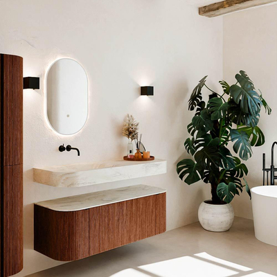 MONDIAZ THOR-DLUX 130cm meuble de salle de bains arrondi gauche + droite couleur Ruby avec 1 tiroir et 2 portes. Vasque suspendue CLOUD Gauche sans trou de robinet couleur Ostra.