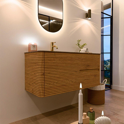 Mondiaz CIRO-DLUX Meuble de salle de bains ensemble - 110x45x50cm - Vasque en solid surface Oza - 1 lavabo à gauche - 1 trou de robinet - 2 tiroirs - Chêne