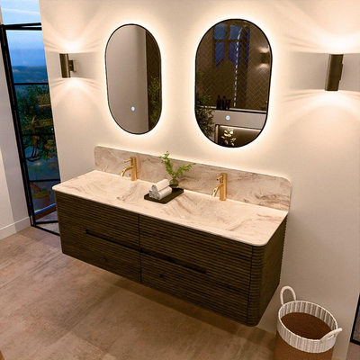 Mondiaz CIRO-DLUX Meuble de salle de bains - 150x45x50cm - Plan vasque solid surface Frappe - 2 lavabos double - 2 trous de robinet - 4 tiroirs - Shadow