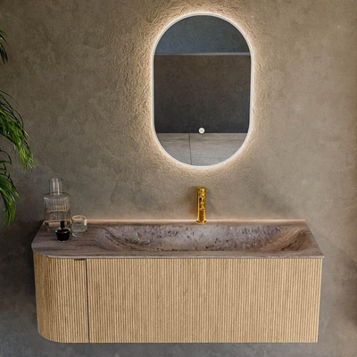 MONDIAZ KURVE-DLUX 125cm badmeubel ronding Links kleur Oak met 1 lade en 1 deur. Wastafel BIG MEDIUM Rechts 1 kraangat Oza.
