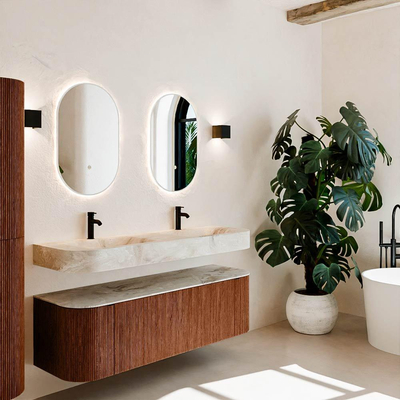 MONDIAZ THOR-DLUX 150cm meuble de salle de bains arrondi gauche + droite couleur Ruby avec 1 tiroir et 2 portes. Vasque suspendue CLOUD Double 2 trous de robinet couleur Frappe.