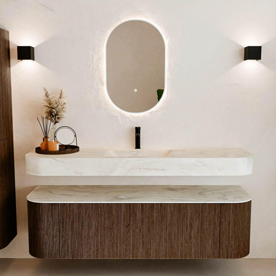 MONDIAZ THOR-DLUX 160cm badmeubel ronding links + rechts kleur Walnut met 1 lade en 2 deuren. Vrijhangende wastafel CLOUD Midden 1 kraangat kleur Ostra.