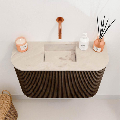 Mondiaz JOYA-DLUX Meuble de toilette 63,2cm - arrondis gauche et droite couleur Noyer - Vasque FAYE position Milieu Sans trou de robinet couleur Frappe