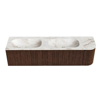 MONDIAZ KURVE-DLUX Meuble de salle de bains 175 cm avec module 25 R couleur Walnut avec 2 tiroirs et 1 porte. Lavabo STOR SMALL double / gauche sans trou de robinet couleur Frappe.