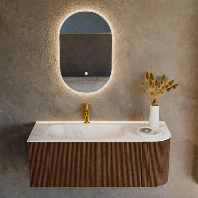MONDIAZ KURVE Meuble de salle de bains 115cm avec module 25 R couleur Walnut avec 1 tiroir et 1 porte. Lavabo BIG SMALL gauche 1 trou de robinet Talc.