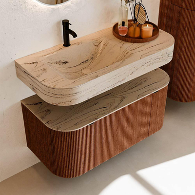 MONDIAZ THOR-DLUX 100cm meuble de salle de bains arrondi gauche + droite couleur Ruby avec 1 tiroir et 2 portes. Vasque suspendue CLOUD Gauche 1 trou de robinet couleur Arena.