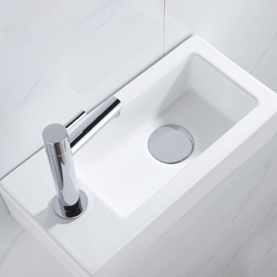 FugaFlow Efficiente Pietra Ensemble de fontaine - 37,5x18,5x9cm - céramique - trou de robinet à gauche - robinet de fontaine chrome - bouchon de vidange - siphon abaissé - Blanc brillant