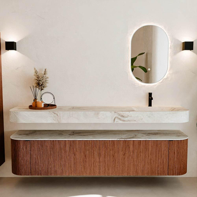 MONDIAZ THOR-DLUX 200cm meuble de salle de bains arrondi gauche + droite couleur Ruby avec 2 tiroirs et 2 portes. Vasque suspendue CLOUD Droite 1 trou de robinet couleur Frappe.