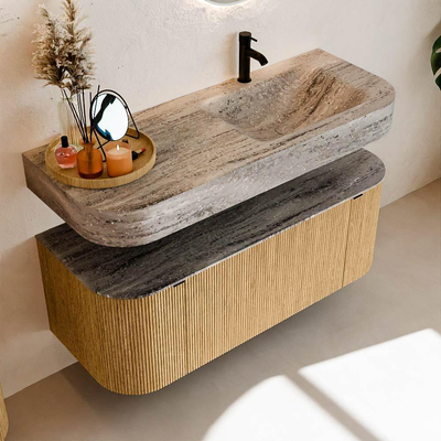 MONDIAZ THOR-DLUX 120cm badmeubel ronding links + rechts kleur Oak met 1 lade en 2 deuren. Vrijhangende wastafel CLOUD Rechts 1 kraangat kleur Oza.