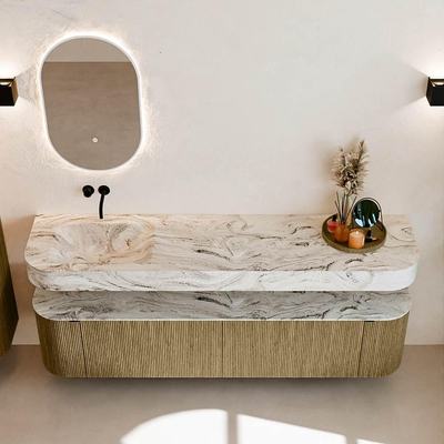 MONDIAZ THOR-DLUX Meuble de salle de bains 190cm arrondi gauche + droite couleur Dusk avec 2 tiroirs et 2 portes. Vasque suspendue CLOUD Gauche sans trou de robinet couleur Glace.