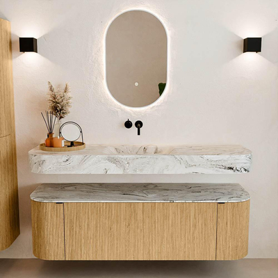 MONDIAZ THOR-DLUX 150cm badmeubel ronding links + rechts kleur Oak met 1 lade en 2 deuren. Vrijhangende wastafel CLOUD Midden zonder kraangat kleur Glace.