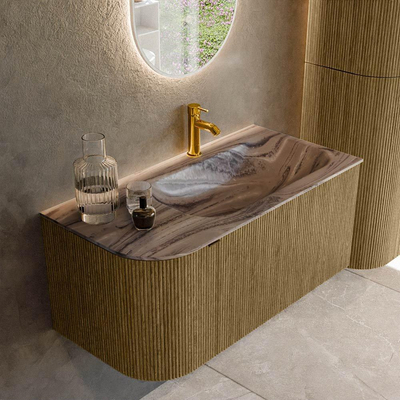 MONDIAZ KURVE-DLUX meuble de salle de bains 95cm arrondi gauche couleur Dusk avec 1 tiroir et 1 porte. Lavabo BIG SMALL à droite 1 trou de robinet Sombra.