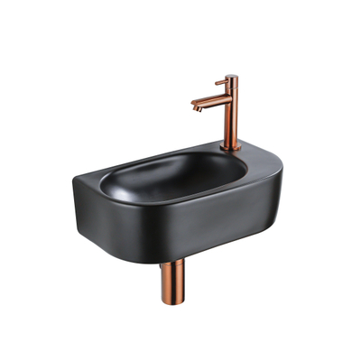 QeramiQ Fuente Fonteinset - 40x21.5x12cm - rechts - glad - halfrond - 1 kraangat - keramiek - fonteinkraan geborsteld koper - afvoerplug - verlaagd sifon - zwart mat