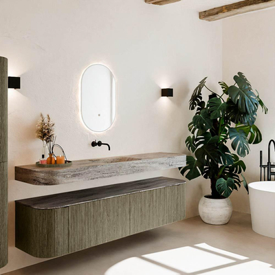 MONDIAZ THOR-DLUX Meuble de salle de bains - 190cm - arrondi gauche + droite - couleur Shadow - 2 tiroirs - 2 portes - Vasque suspendue CLOUD Milieu sans trou de robinet couleur Oza