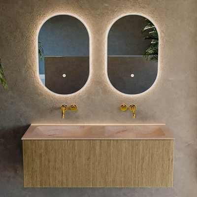 MONDIAZ KURVE-DLUX meuble de salle de bains 120 cm couleur Dusk avec 1 tiroir et 0 porte. Lavabo LEAF double sans trou de robinet Saba.