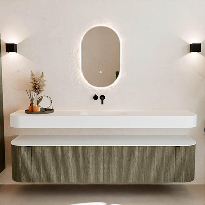 MONDIAZ THOR Meuble de salle de bains - 200cm - arrondi gauche + droite - couleur Shadow - 2 tiroirs et 2 portes - Vasque suspendue CLOUD Milieu sans trou de robinet - couleur Talc