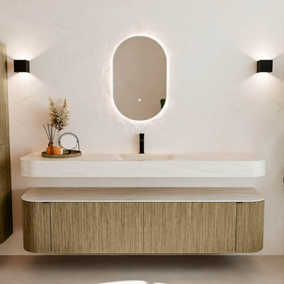 MONDIAZ THOR-DLUX 190cm meuble de salle de bains arrondi gauche + droite couleur Dusk avec 2 tiroirs et 2 portes. Vasque suspendue CLOUD Milieu 1 trou de robinet couleur Meli.