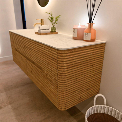 Mondiaz CIRO-DLUX Meuble de salle de bains - 150x45x50cm - Vasque solid surface Opalo - 1 lavabo à gauche - 1 trou de robinet - 4 tiroirs - Chêne