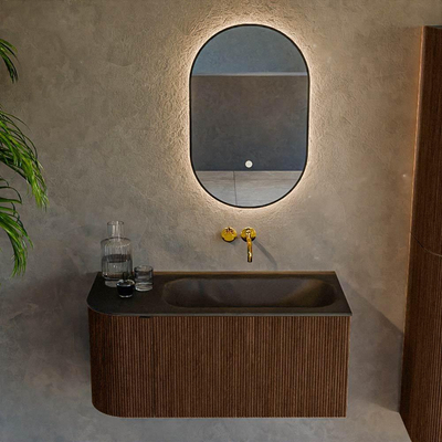 MONDIAZ KURVE Meuble de salle de bains 95cm avec module 25 L couleur Walnut avec 1 tiroir et 1 porte. Lavabo BIG SMALL à droite sans trou de robinet Urban.
