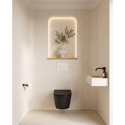 QeramiQ Dely Pack WC - 36,3x51,7cm - à fond creux - sans bride - réservoir encastré Geberit UP320 - abattant WC softclose 35 mm - plaque de déclenchement blanche brillante - boutons ronds - noir mat
