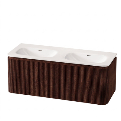 Royal Plaza Terra Edge Ensemble meuble de salle de bains - 120x44.7x46cm - vasque en solid surface blanc mat - 2 vasques - sans trous de robinet - 2 tiroirs - châtaignier (noyer)