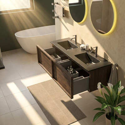 Saniclass Holz Frame Ensemble meuble de salle de bains - 140x45x42cm - lavabo Vygo en céramique noir - 2 vasques - 2 trous de robinetterie - 2 tiroirs - chêne charcoal mat (bois)