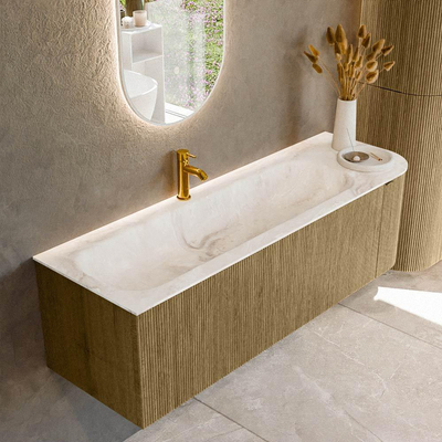 Mondiaz KURVE-DLUX Ensemble de meuble salle de bain - 145x46x40cm - 1 tiroir - 1 porte - lavabo en solid surface - gauche - 1 trou de robinet - Dusk