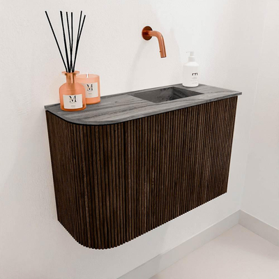 Mondiaz JOYA-DLUX 61.6cm toiletmeubel - ronding links kleur Walnut - Wastafel FAYE positie Rechts Zonder kraangat kleur Sombra.